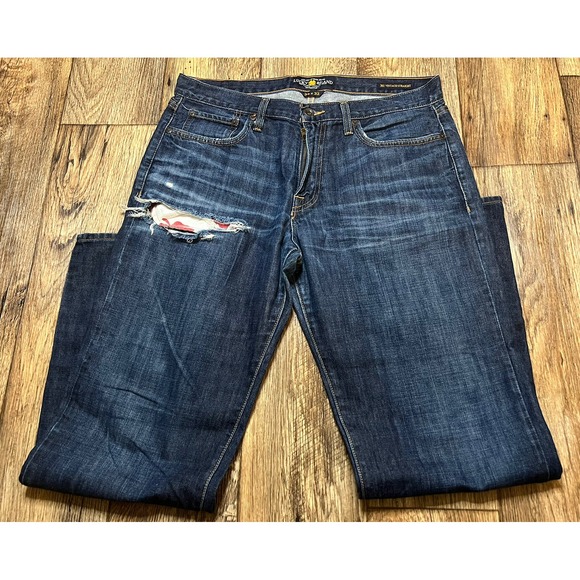 Lucky Brand 361 Vtg Straight Mens Jeans Tag 34/32 Actual 36/32 TRASHED RIP LEG - Picture 1 of 5